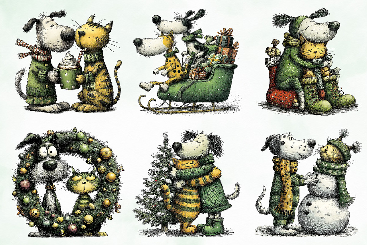 Whimsical Christmas Dog & Cat Bundle, an Illustration by Creative Art (Photo 2 of 11)
