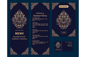 Vector illustration of a menu for a restaurant or cafe Indian oriental cuisine, business cards and vouchers. Hand-drawn gold pattern on a dark background. Logos Lotus flower.