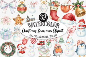 Watercolor Christmas Snowman Clipart, an Illustration by Designking