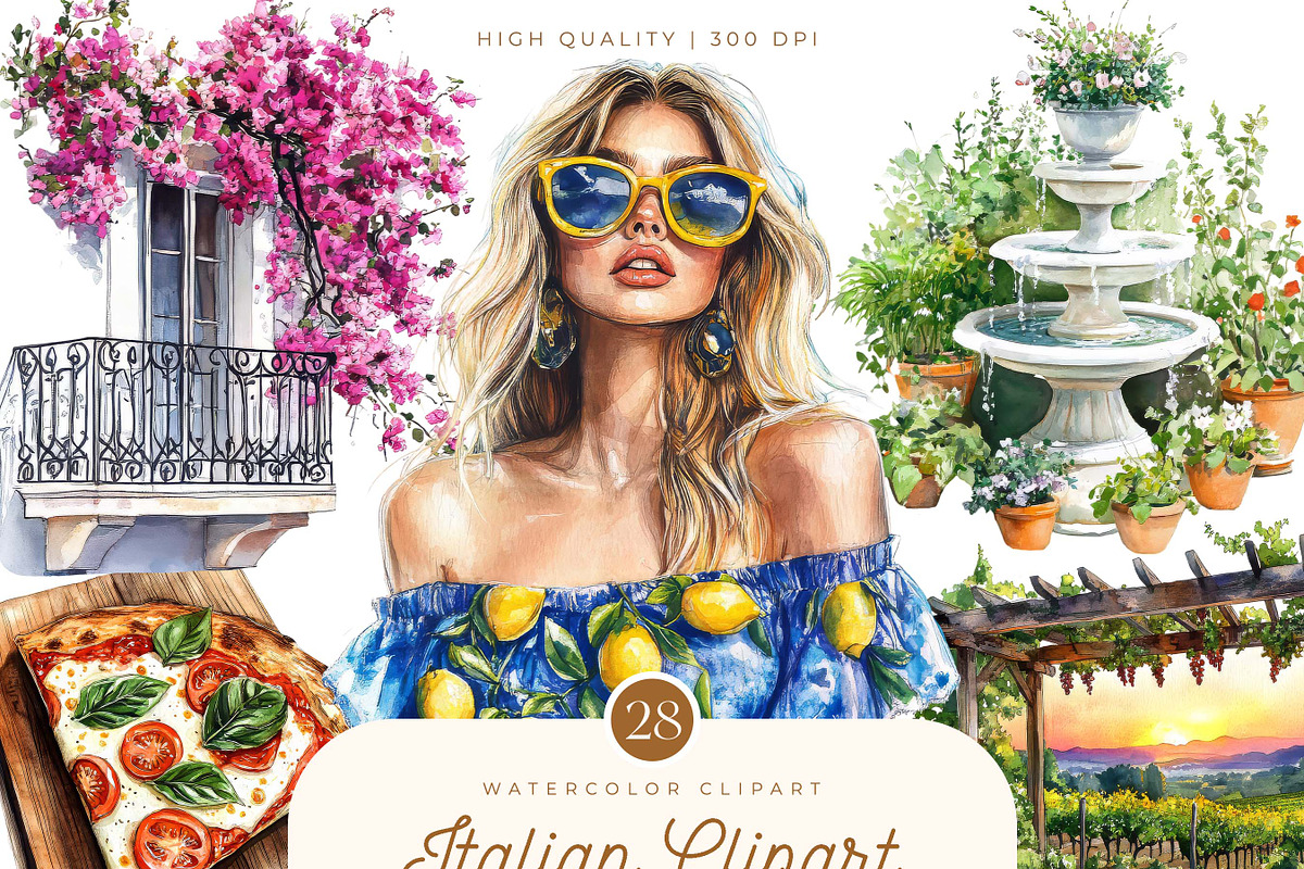 Watercolor Italian Clipart Bundle, an Object Illustration by SparkyDesignsUS (Photo 1 of 10)