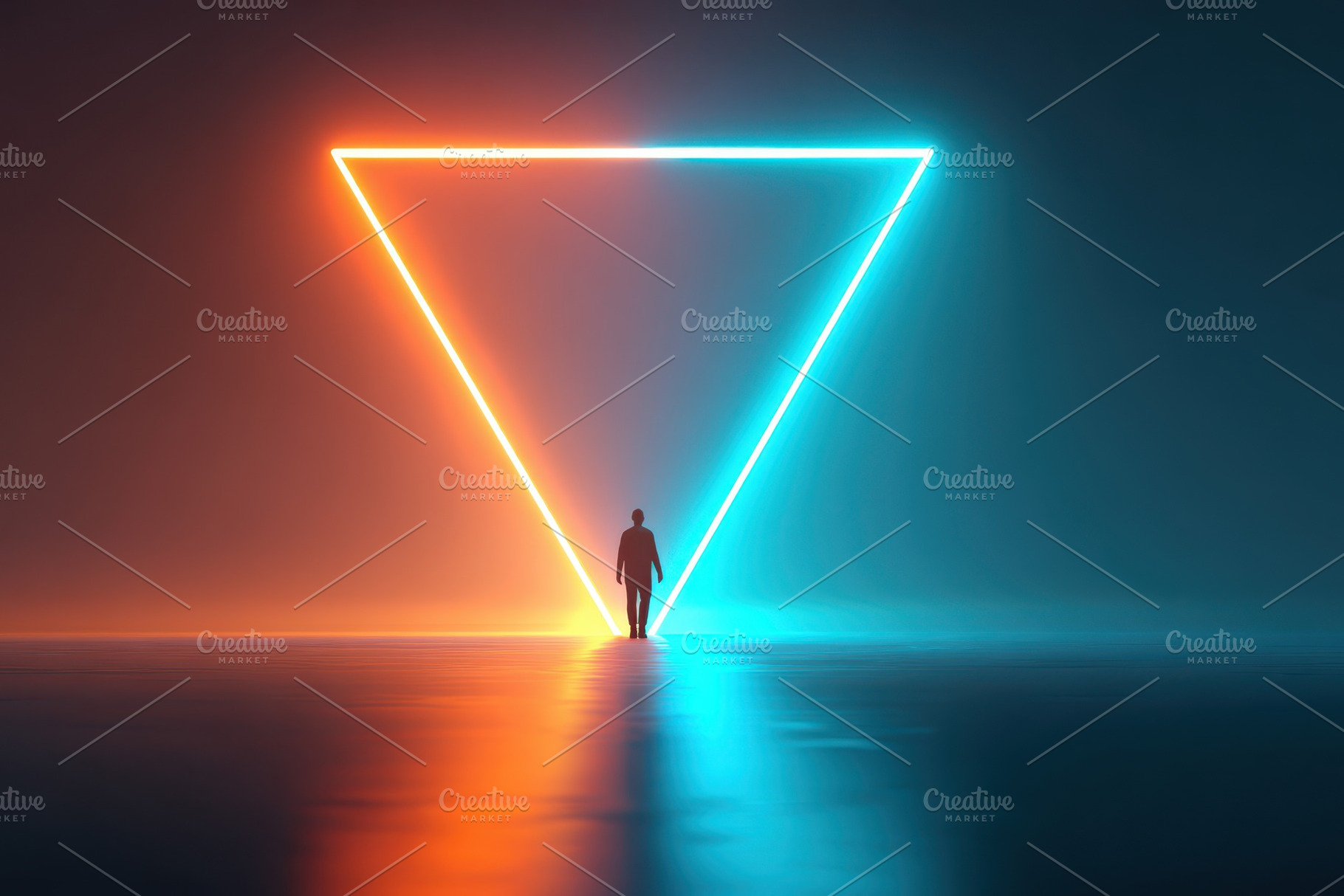 Silhouette walking toward neon inverted triangle, an Abstract Photo by AlyaAnd