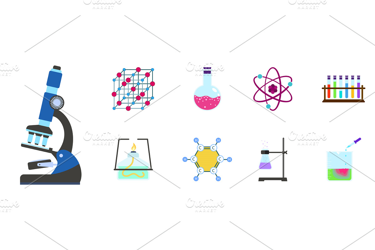 Chemistry science icon set, flat, an Illustration by Ylivdesign
