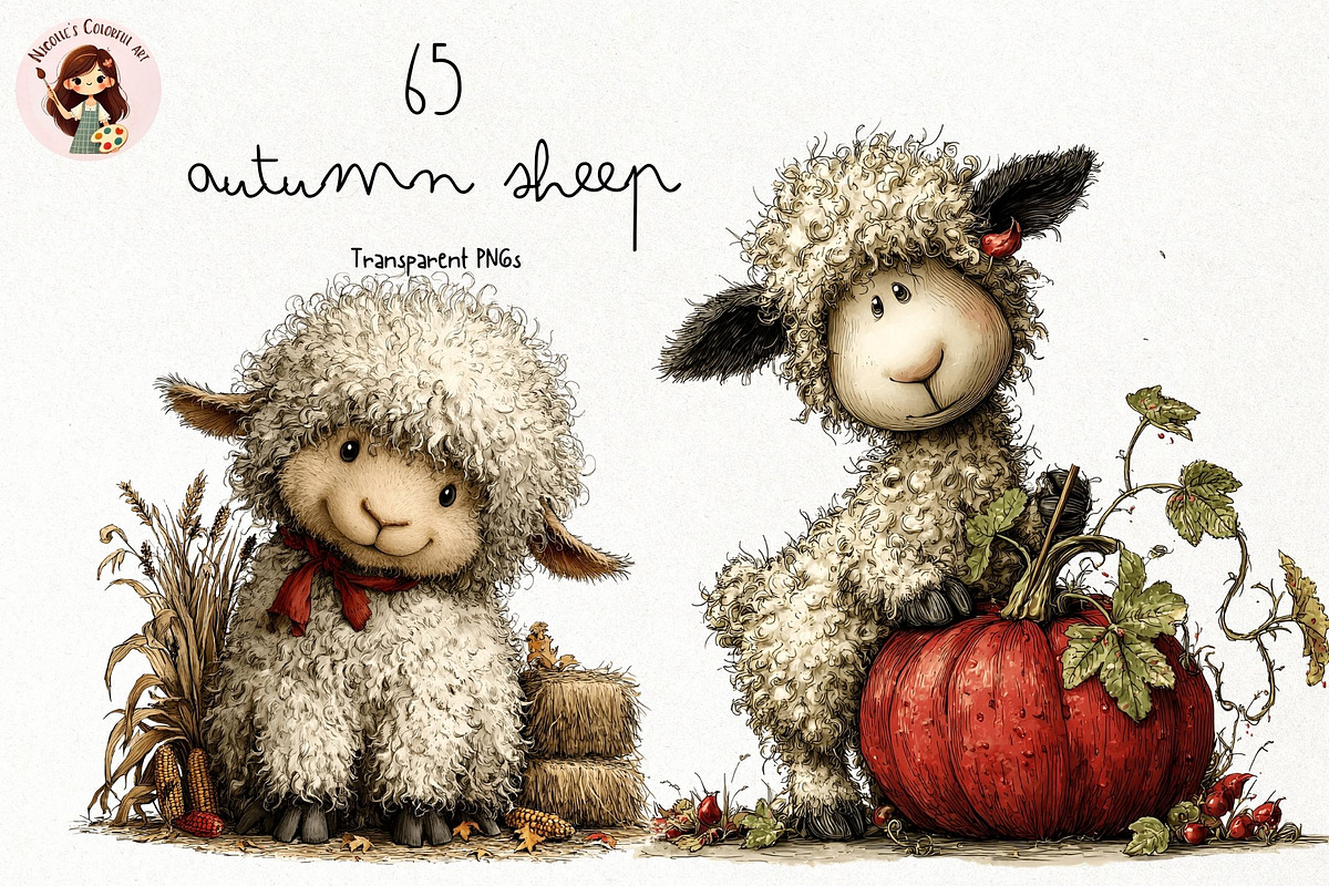 Whimsical Autumn Sheep Clipart, a Seasonal Illustration by Nicolle's Colorful Art (Photo 1 of 6)