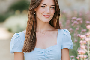 Young woman smiling in blue dress during daytime outdoor portrai, a Person Photo by Studio ANNA