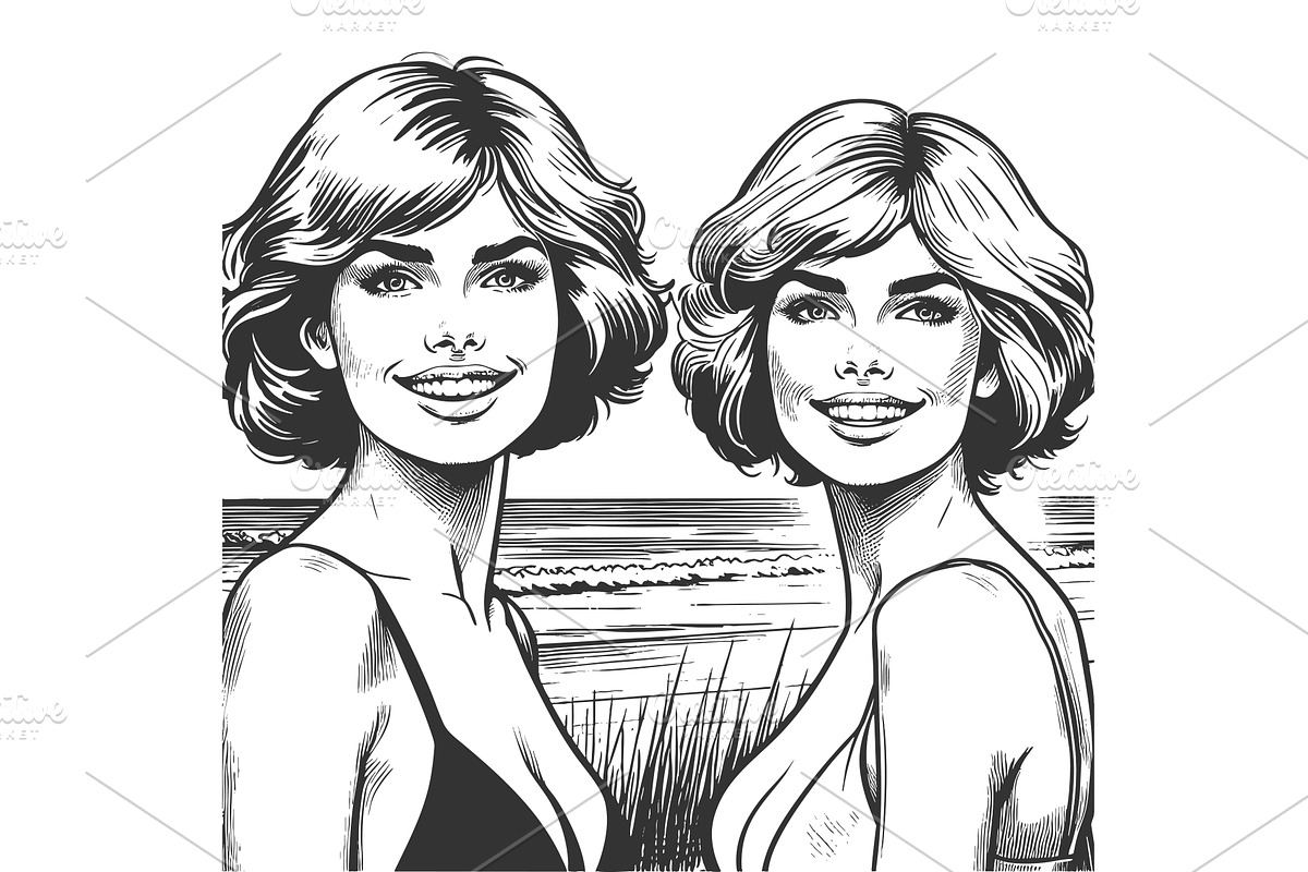 Smiling twin women in vintage beach, a Person Illustration by AlexArt