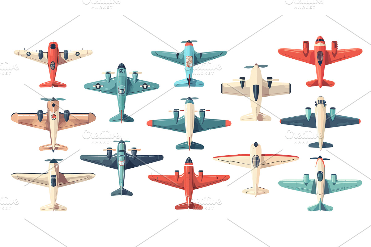 Cartoon Retro Aeroplanes Top View, a Transportation Illustration by LadadikArt