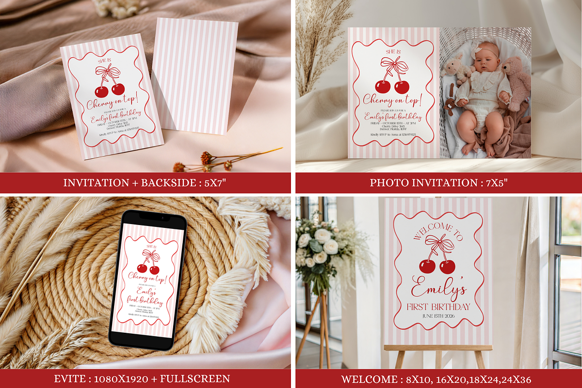 Cherry on Top 1st Birthday Bundle, a Templates & Theme by VeliusCreativeStudio (Photo 2 of 8)