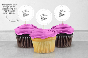 Three Cupcake Topper Mockup - PSD