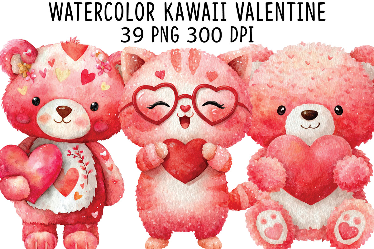 Watercolor Kawaii Valentine Clipart, an Illustration by CraftArtStudio (Photo 1 of 6)