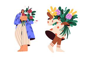 People Holding Flower Bouquets Set