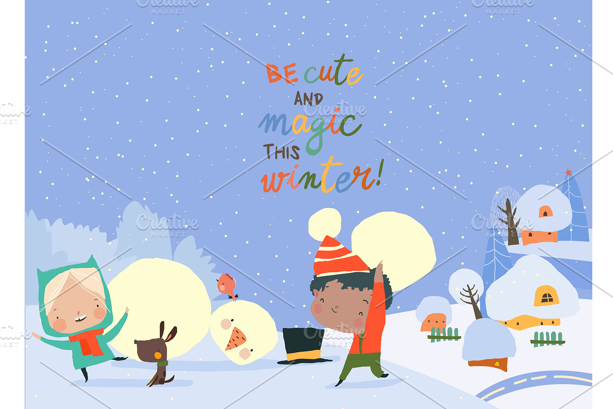 Children building Snowman Together, an Illustration by Maria Starus