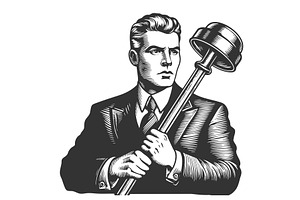 Serious businessman holding plunger, a Person Illustration by AlexArt