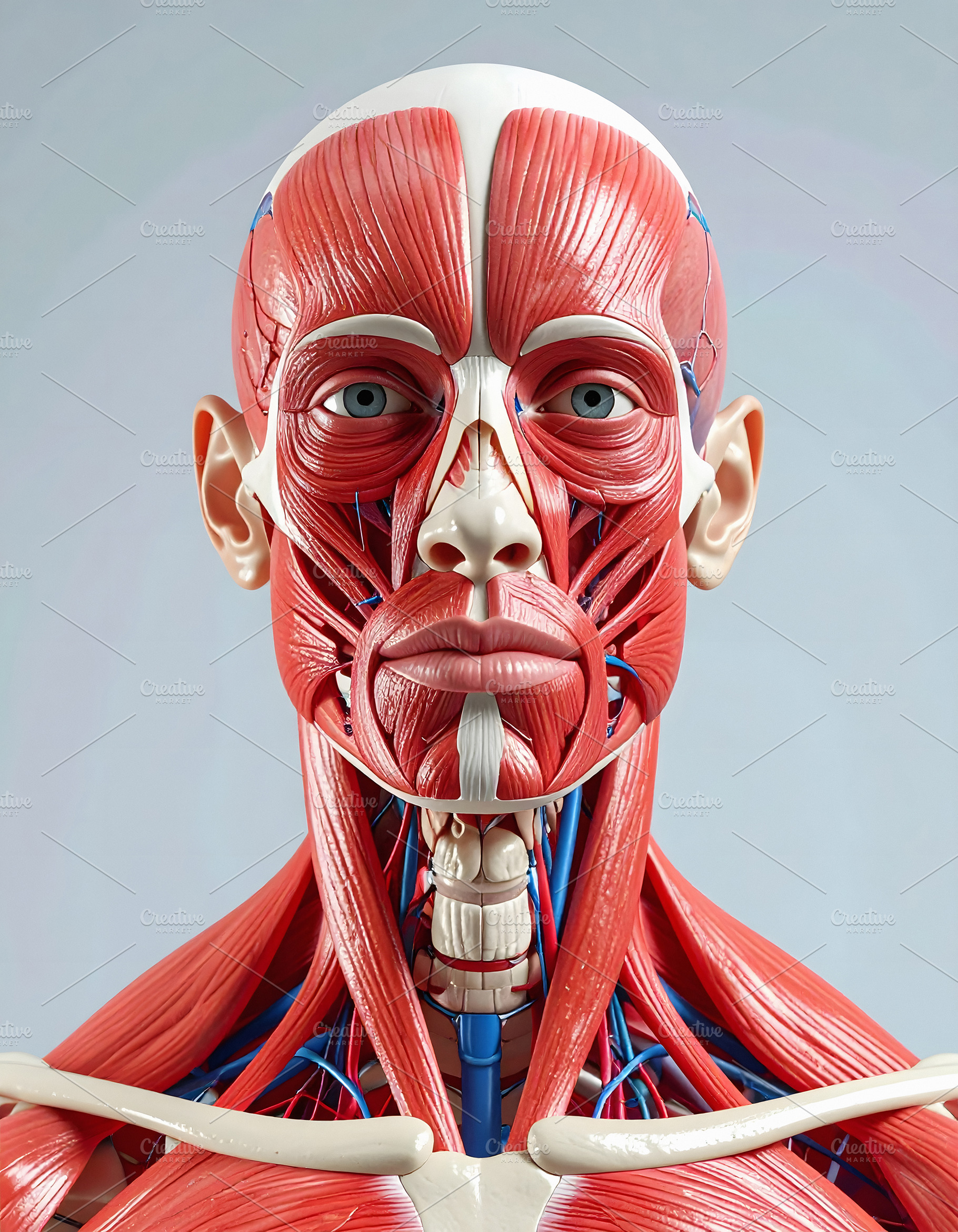 Human head anatomy front view with detailed facial muscles, a Health & Medical Photo by GoodGoods