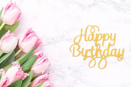 Pink tulips and gold Happy birthday, a Holiday Photo by Kate Molchanova