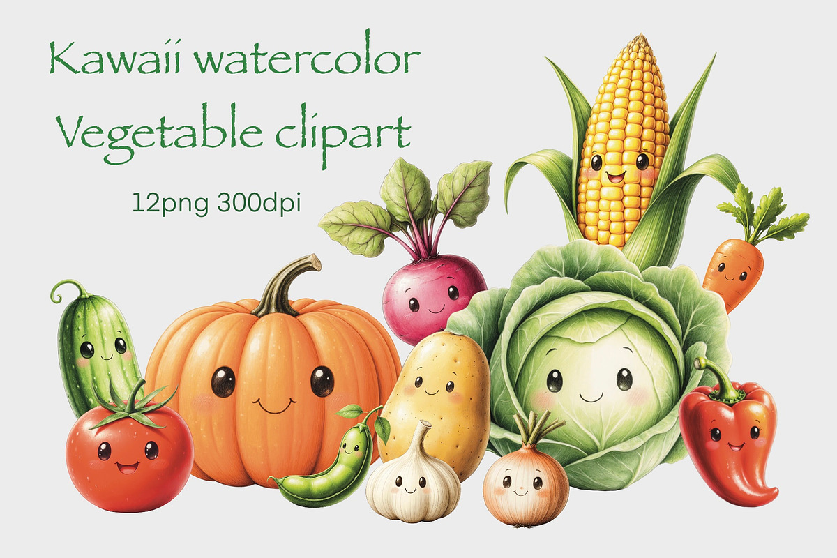 Kawaii watercolor vegetable clipart, a Food Illustration by Volha (Photo 1 of 8)