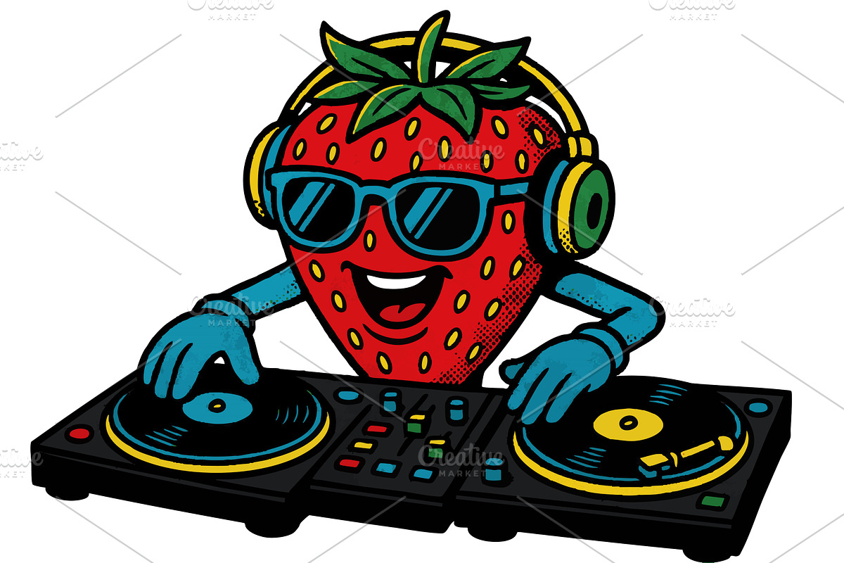 Cool DJ strawberry cartoon spinning, a Food Illustration by AlexArt