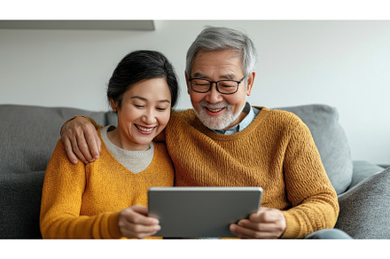 Asian senior couple enjoying time, a Technology Photo by Sergey Kotenev