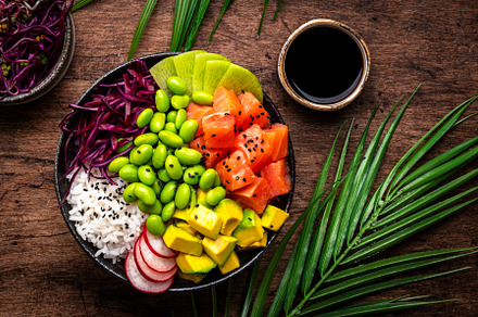 Hawaiian poke bowl with salmon, avocado, radish, edamame beans,, a Food & Drink Photo by 5PH