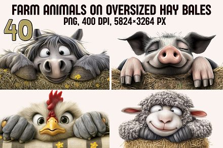 Farm Animals on Oversized haybales, an Animal Illustration by PrintHaven Designs