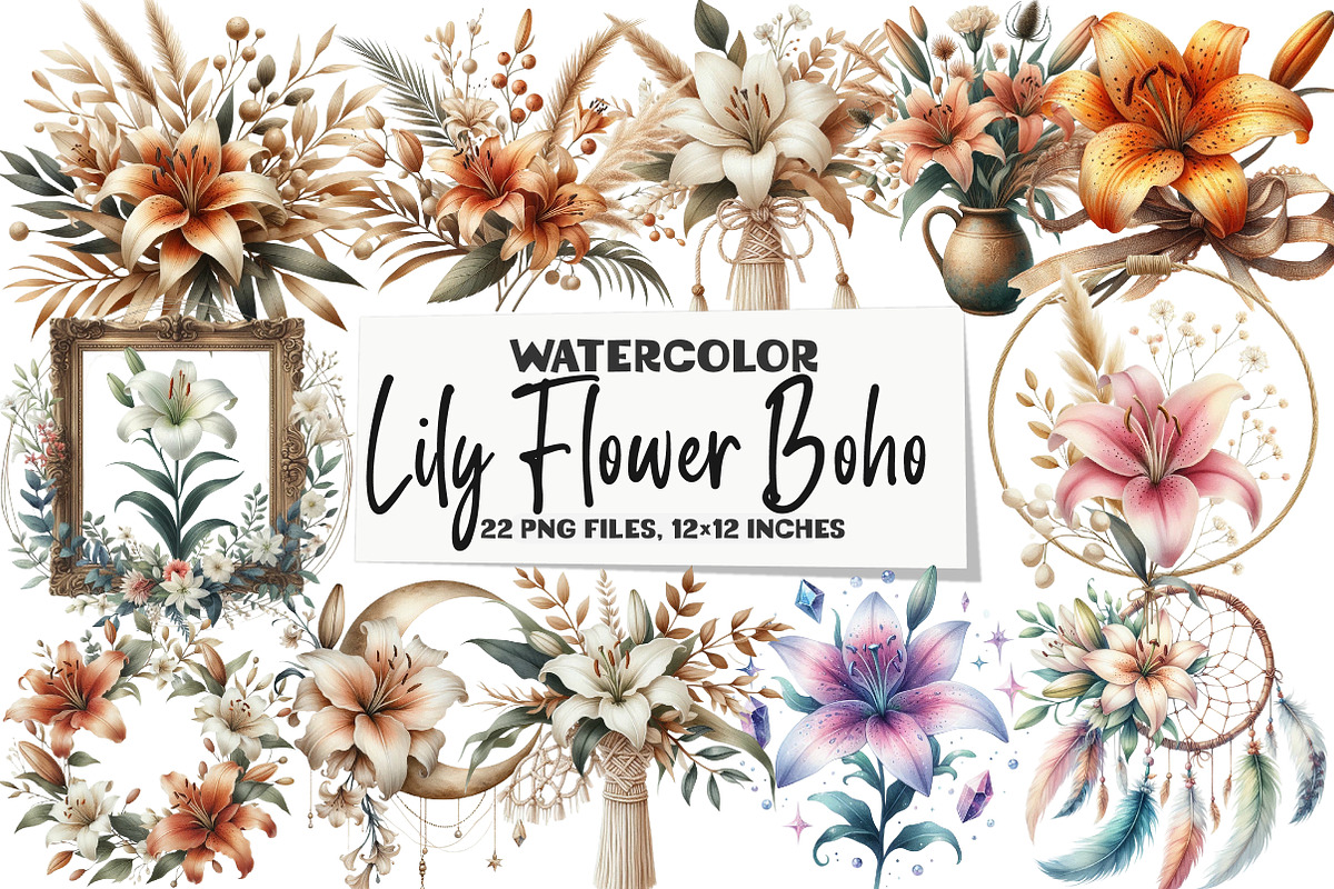 Watercolor Lily Flower Boho Clipart, an Illustration by DreamArtGraphic (Photo 1 of 5)