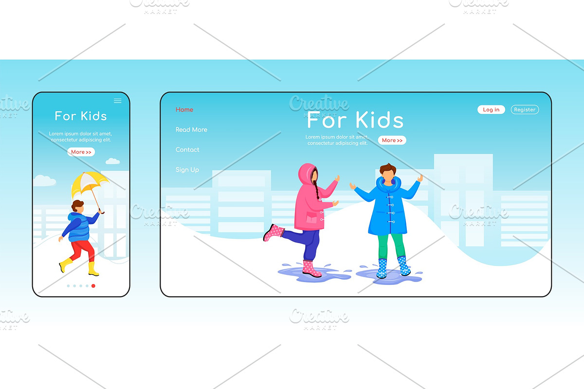 For kids landing page flat template, a Landing Page Template by IMG visuals characters