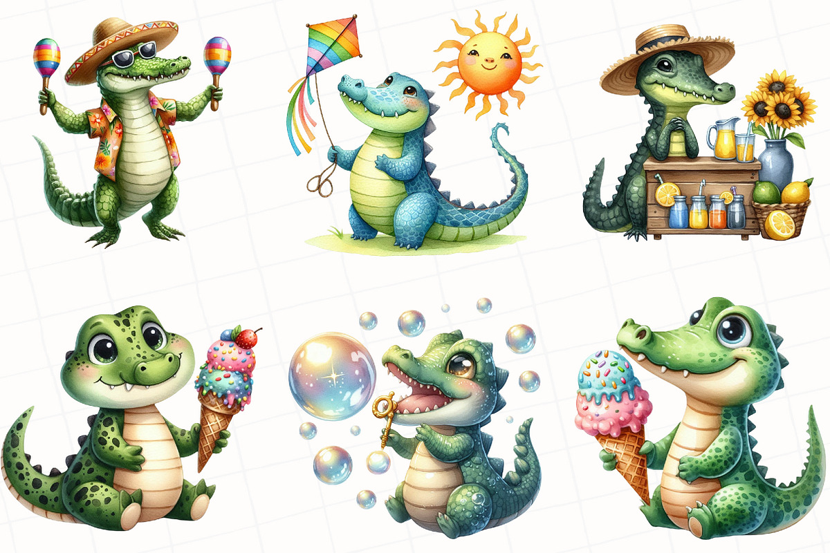 Watercolor Summer Crocodile Clipart, an Illustration by OK Design (Photo 3 of 5)