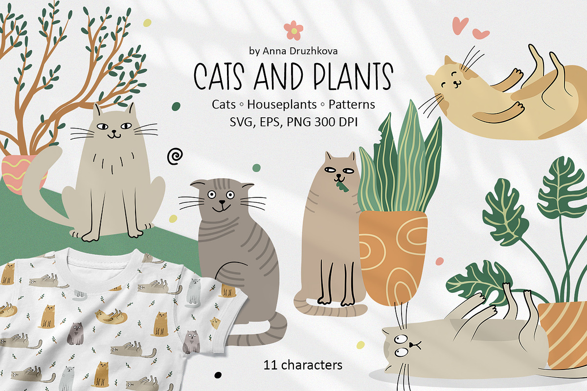Cats and Plants Clipart and Patterns, an Animal Illustration by Anna Druzhkova (Photo 1 of 23)