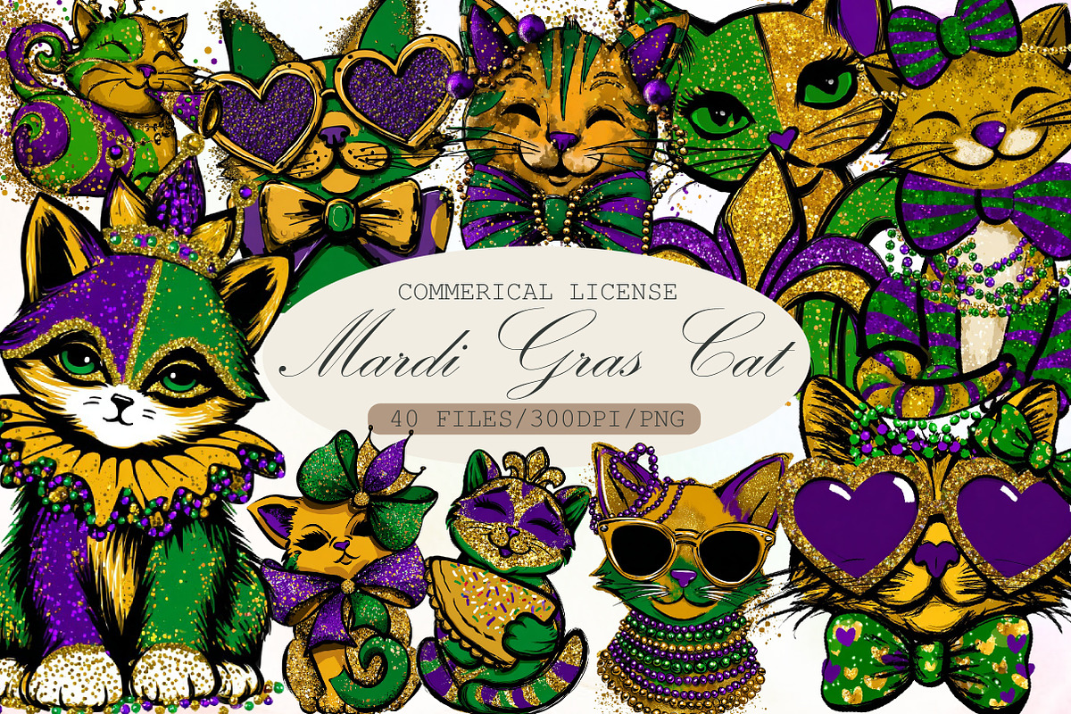 Whimsical Mardi Gras Cat Clipart, an Illustration by Sublimation Artist (Photo 1 of 6)