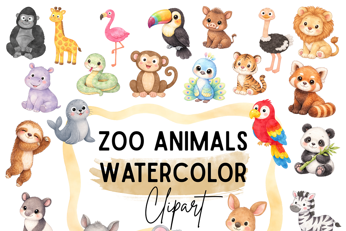 Cute Watercolor Zoo Animals Clipart, a Graphic by SnasStudios (Photo 1 of 3)