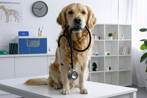 Golden Retriever with stethoscope in vet clinic, an Animal Photo by Davizro's Market