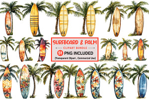 Tropical Surf & Palm Tree Clipart, an Illustration by Pixels.Craft
