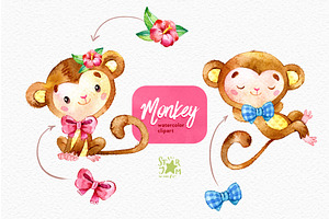 Monkey. Watercolour Clip Art.