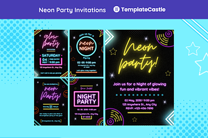 Neon Party Invitations Templates, a Templates & Theme by TemplateCastleStore