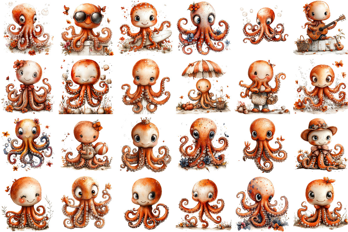 Whimsical Summer Octopus Clipart, an Illustration by designcity5 (Photo 2 of 5)