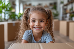 Child smiles joyfully while surround, a Photo by Tanuart