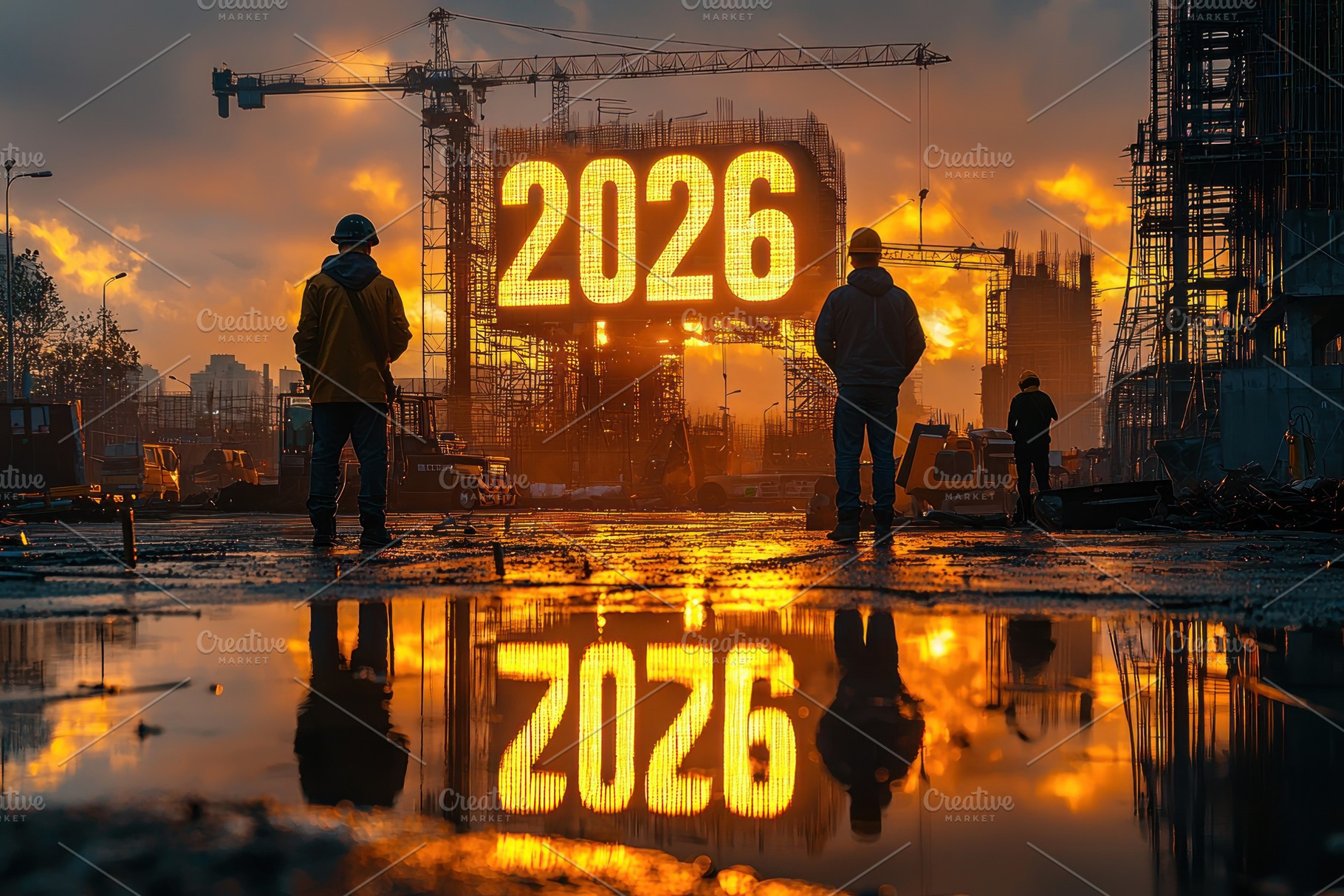 Construction workers standing on a wet urban site with glowing 2, a Background Photo by José Manuel Gelpi