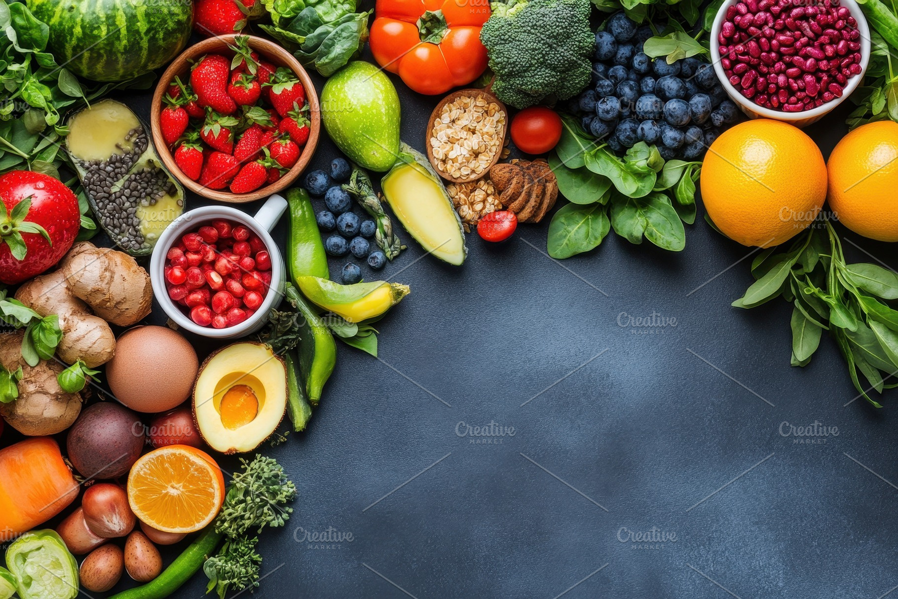 A colorful display of healthy foods, a Photo by Pavel_design