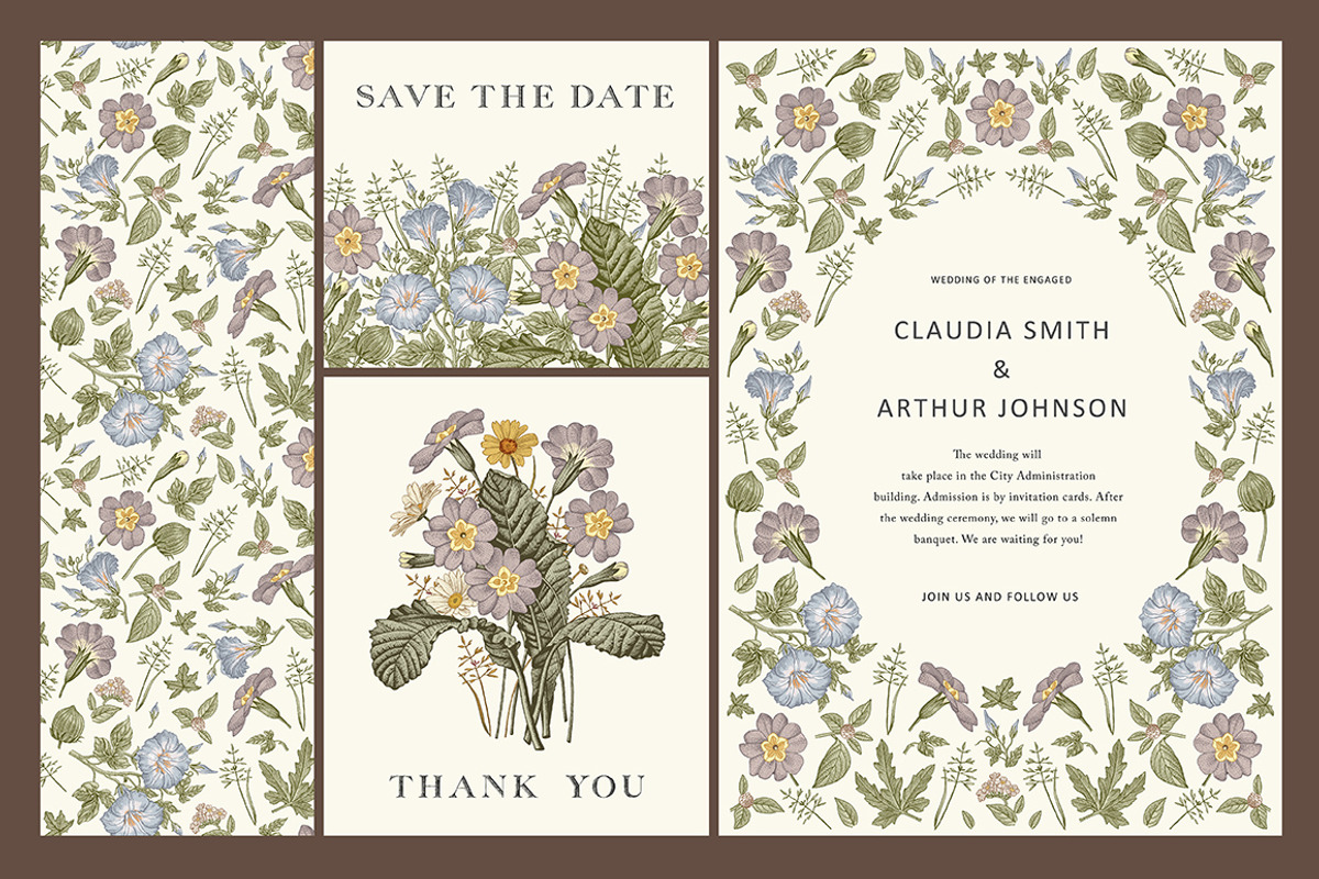 3 Wedding Cards + Seamless Pattern, a Pattern Graphic by Vintage (Photo 1 of 15)