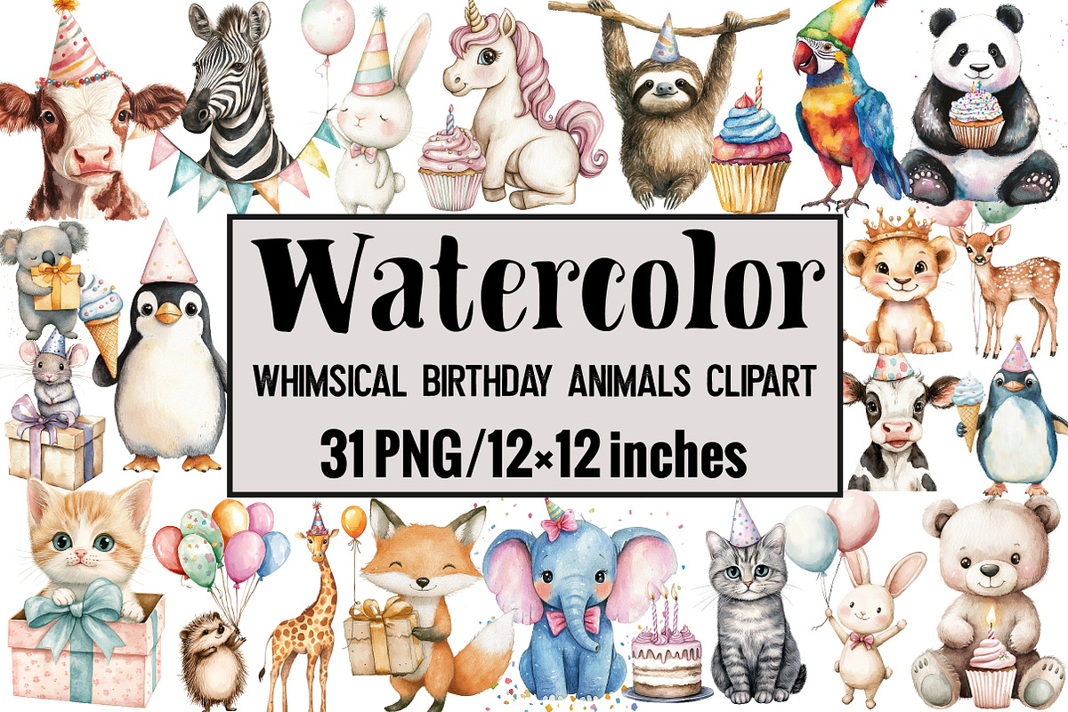 Whimsical Birthday Animals Clipart, an Illustration by Design Market (Photo 1 of 4)