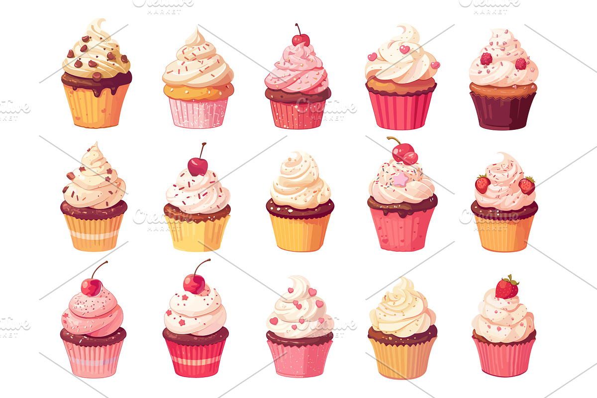 Set of cartoon cupcakes, various, a Food Illustration by LadadikArt
