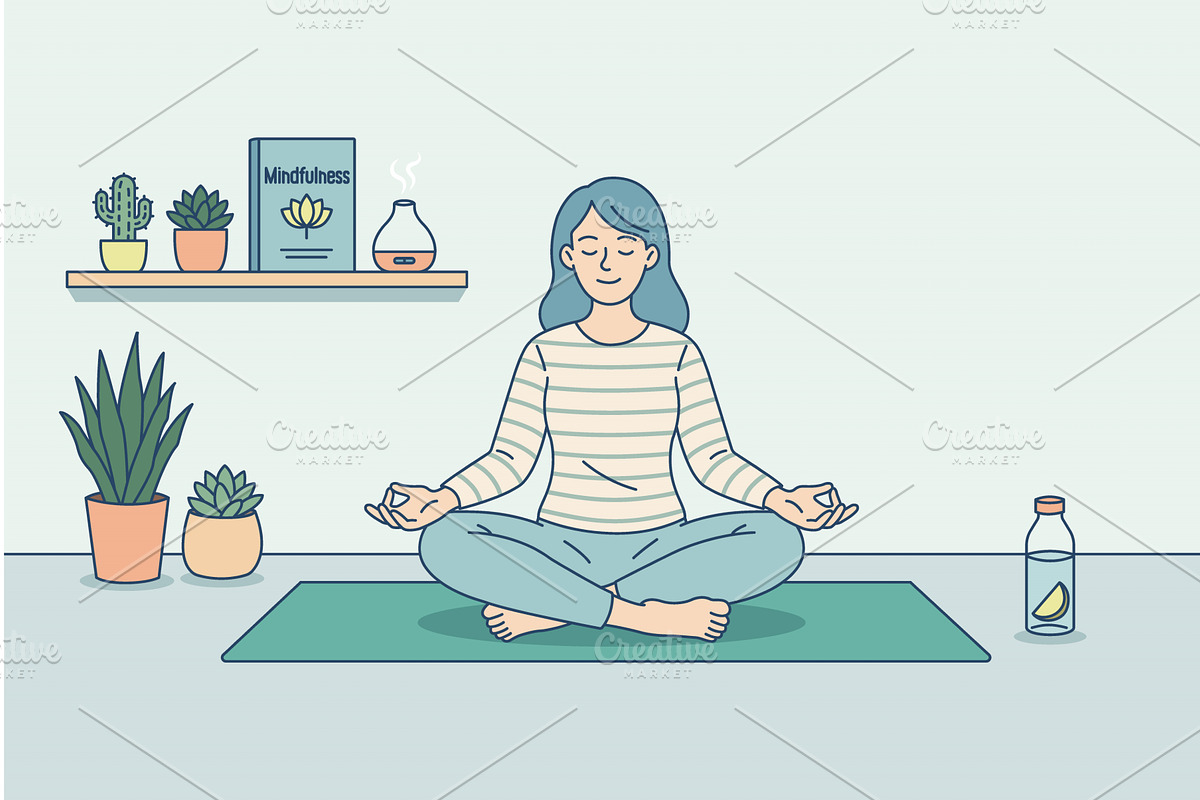 Young woman meditating in lotus pose, an Illustration by Artsaba Family