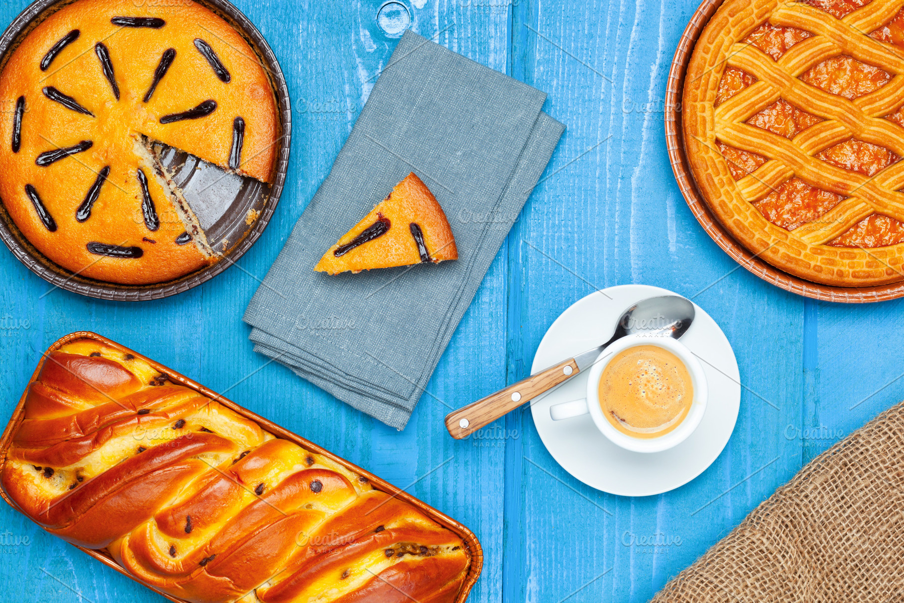 Delicious italian breakfast with espresso coffee, sweet cakes and chocolate fil, a Food & Drink Photo by Antonio Gravante Market