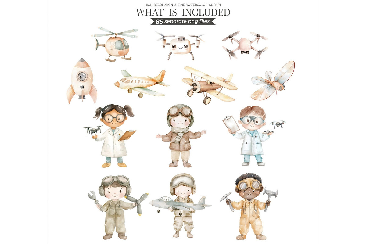 Aviator Friends Watercolor Clipart, an Illustration by CharmClipart (Photo 3 of 8)