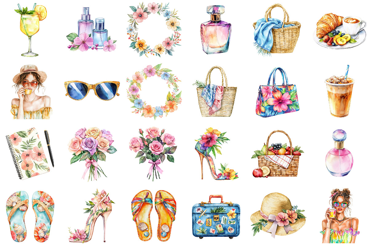 Watercolor Summer Chic Clipart, an Illustration by designcity5 (Photo 2 of 5)