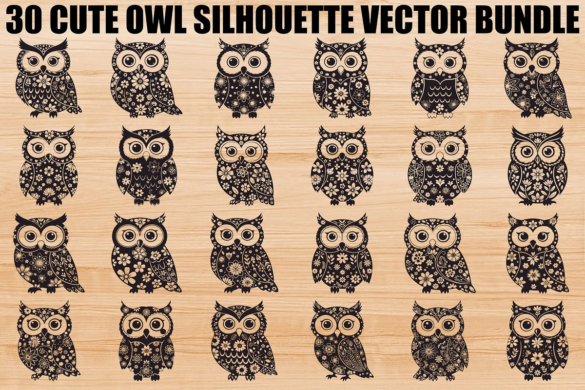 Cute Owl Silhouette Bundle, an Illustration by yasushie (Photo 1 of 31)