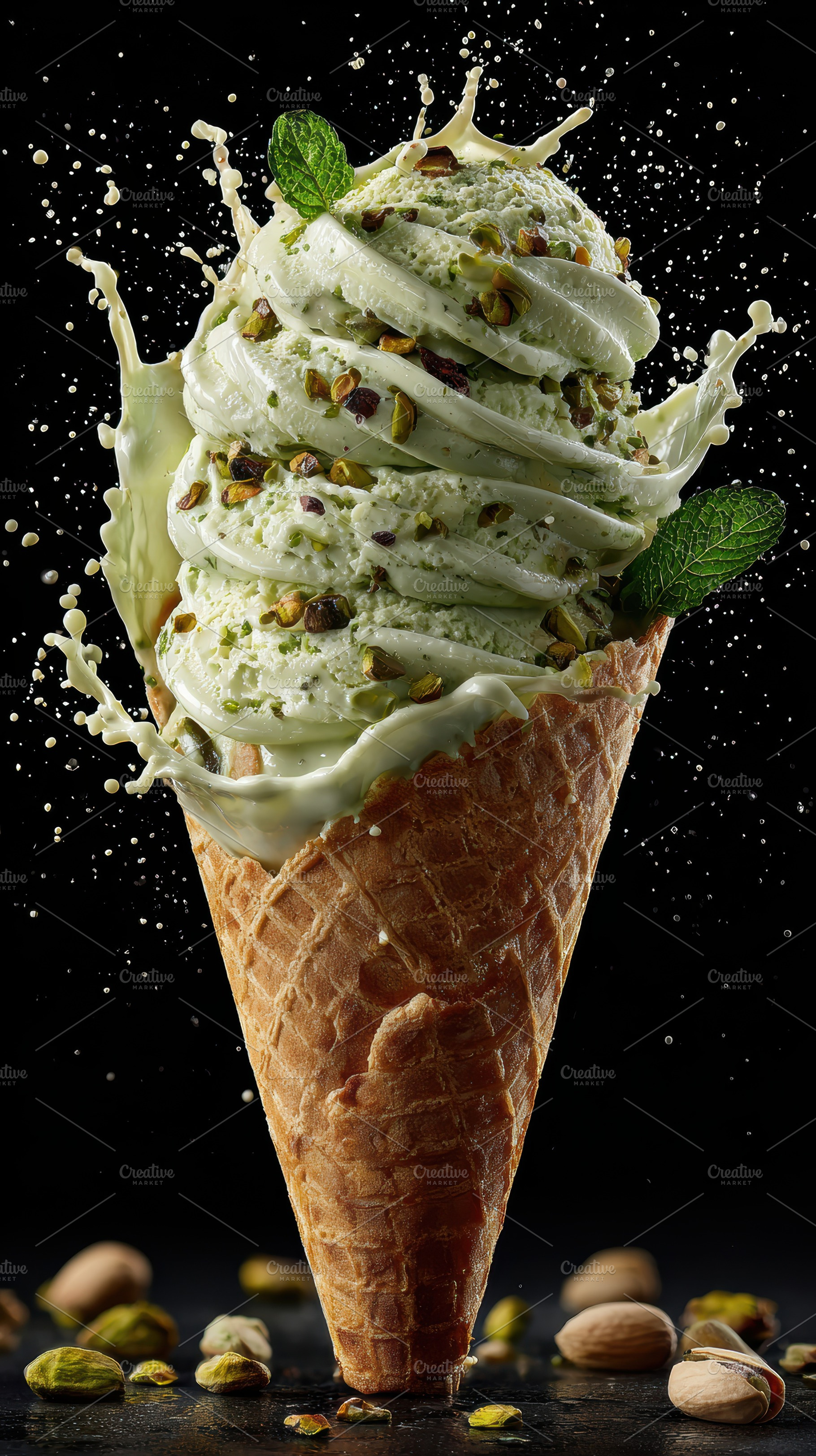 Delicious Pistachio Ice Cream Cone S, a Photo by Pixeness Studio