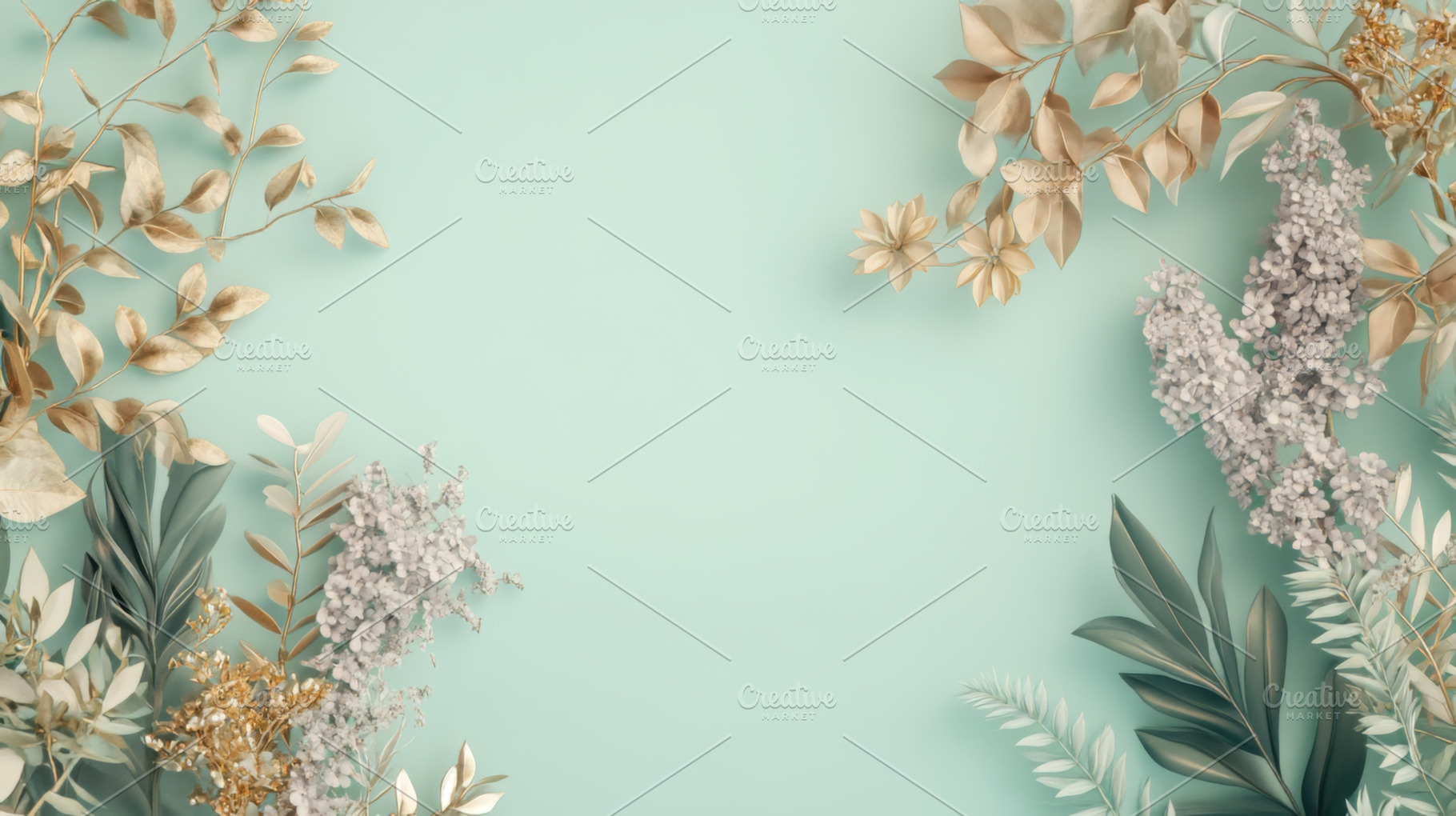 Gold and White Leaves on Turquoise Banner Design, an Abstract Photo by Natalia Klenova's Shop