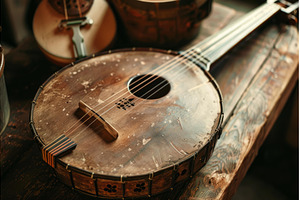 Old banjo resting on rustic wooden, a Background Photo by Ylivdesign