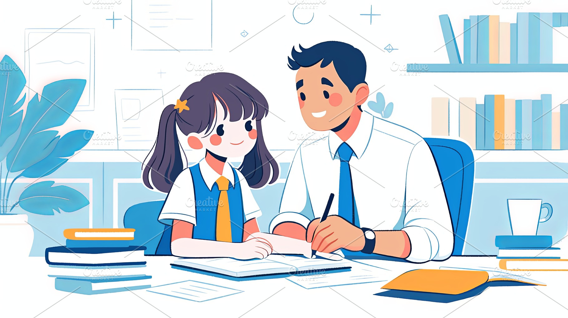 Father and daughter enjoying quality educational time together at a study table, a Photo by AS photostudio