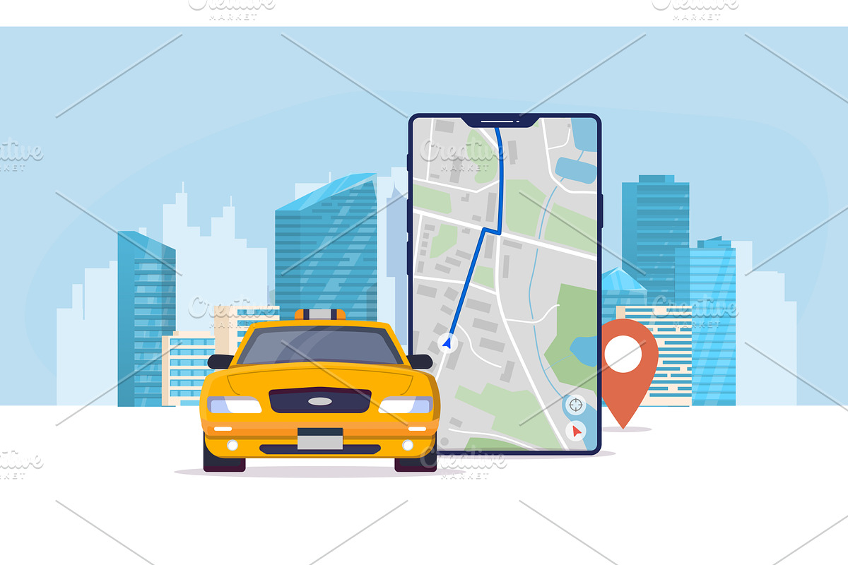 Taxi car and phone with map, a Transportation Illustration by SkyVectors